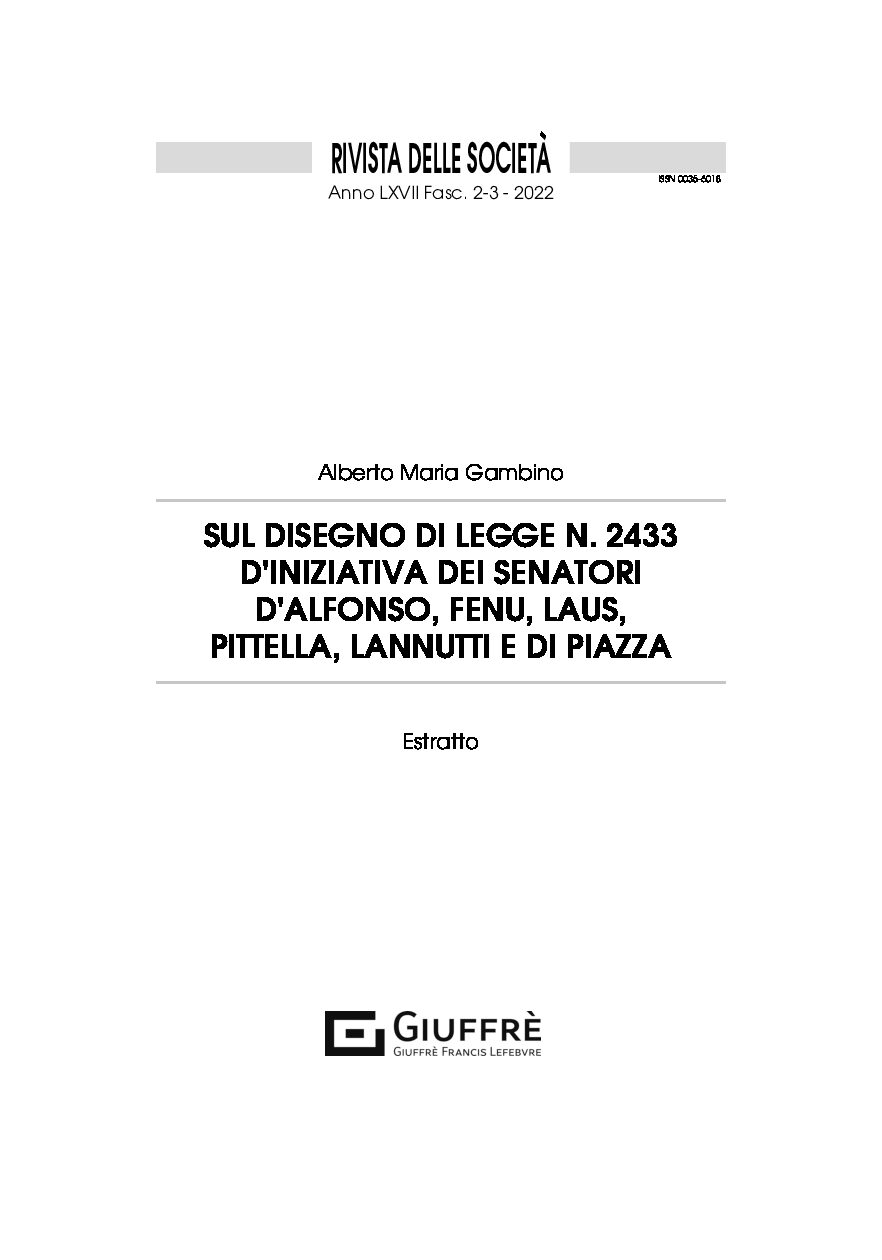 Sul disegno di legge n. 2433 d’iniziativa dei senatori D’Alfonso, Fenu, Laus, Pittella, Lanutti e Di Piazza