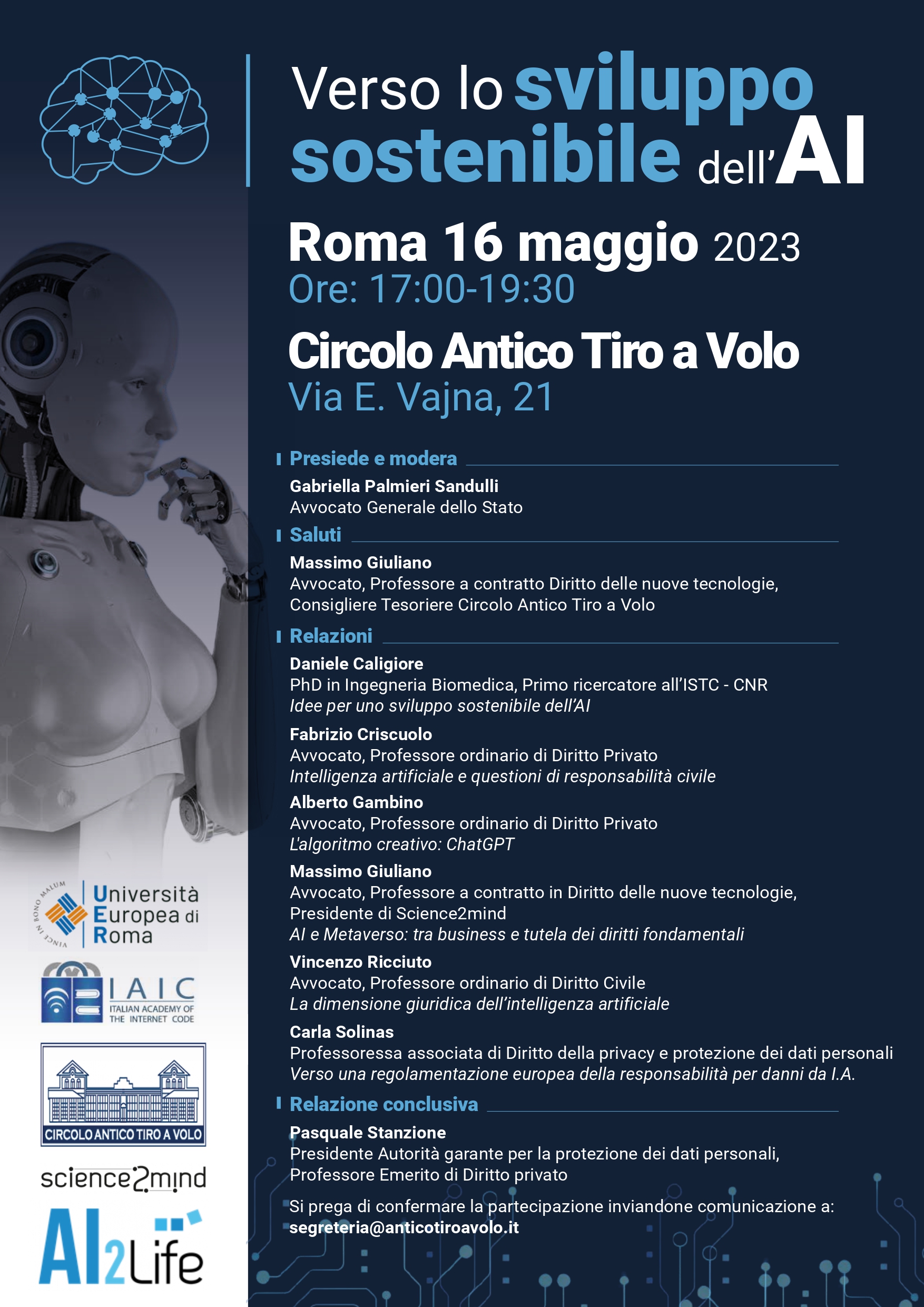 “Verso lo sviluppo sostenibile dell’AI” – Circolo Antico Tiro a Volo, Roma – 16 maggio 2023, ore 17.30.